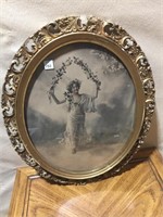 PRINT LADY SWINGING FLOWERS, OVAL FRAME SOME
