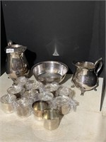 SILVER PLATE TEA POT, WATER PITCHER, BOWL & CUPS