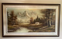 P. Curtis oil painting- Cabin in Mountains - CH