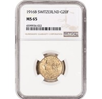 1916 B Switzerland Gold 20 Francs - NGC MS65