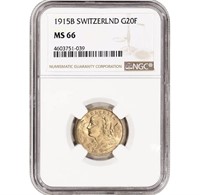 1915 B Switzerland Gold 20 Francs - NGC MS66
