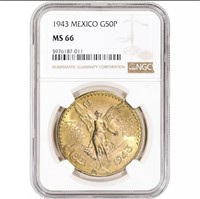 1943 Mexico Gold 50 Pesos - NGC MS66 KM-482