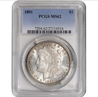 1891 US Morgan Silver Dollar $1 - PCGS MS62