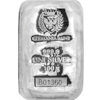 100 gram Germania Mint Silver Bar 999.9 Fine