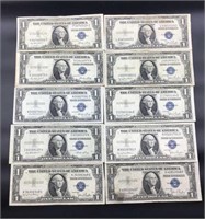 (10) 1935 U.S. $1 Silver Certificates VG-F