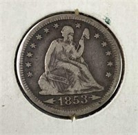 1853 Arrows & Rays Seated Liberty Quarter