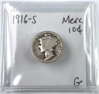 1916-S Mercury Silver Dime, G