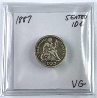 1887 Seated Liberty Silver Dime, VG