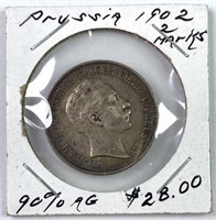 1902 Prussia 2 Marks, 90% Silver