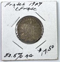 1917 France 1 Franc, 83.5% Silver