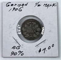 1906 Germany 1/2 Mark, 90% Silver