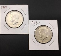 (2) 1964 JFK 90% Silver Half Dollar, AU to UNC