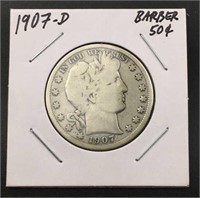1907-D Barber Silver Half Dollar, U.S. 50c Coin