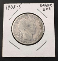 1908-S Barber Silver Half Dollar, U.S. 50c Coin