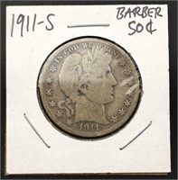 1911-S Barber Silver Half Dollar, U.S. 50c Coin