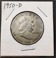 1950-D Franklin Silver Half Dollar, U.S. 50c Coin