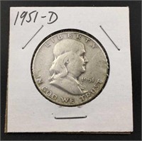 1951-D Franklin Silver Half Dollar, U.S. 50c Coin