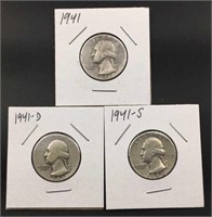 1941-P,D,S Washington Silver Quarters, U.S. 25c