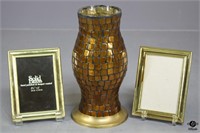 Mosaic Candle Holder w/Brass Base, Brass Frames