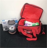 First aid kit, light bulbs and a lantern