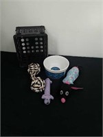 dog dish and toys