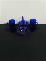Cobalt blue button design glass basket, four