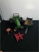 Vintage Metal John Deere tractor with accessories