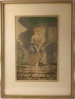 Rare Louis Icart Lithograph 'Girl and Carriage'