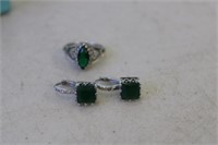 Sterling 925 Ring & Ear Rings Rhinestone & Green
