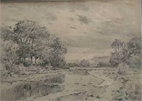 J. E. Bundy Pencil Drawing Landscape With Stream