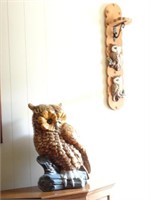 Owl wall hanging, large statue & owls in kitchen