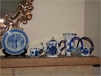 Blue & white:  teapot, vase, basket, fenton