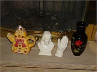 Teapot, vase, praying hands, Jesus head
