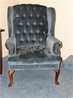 Blue velvet Queen Anne chair w/ brass studs