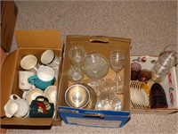 3 Boxes: cups/mugs, serving glass pieces etc.