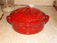 Red splatterware covered casserole