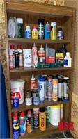 Cabinet w/ Qty of Misc. Liquids, Silicones, Grease