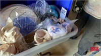 Poly Bucket of Dishes, Strainer, Knives, Glasses,