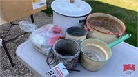 Antique Pots, Flour Sifter, Dipper, Coffee Pot &