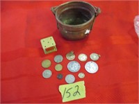 Copper pot, brass scenter, coinsGood cond