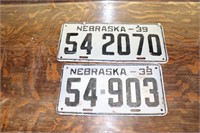 Pair of 1939 Vintage Nebraska License Plates.