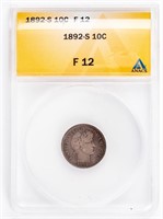 Coin 1892-S Barber Dime, ANACS-F12