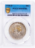 Coin 1958-D Ben Franklin Half Dollar, FBL,MS65