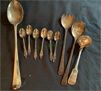 10 vintage silver plate spoons including a large