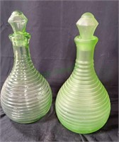 One pair of green tint glass decanters - one gloss