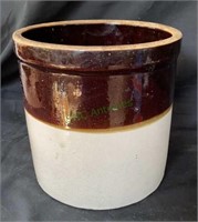 Tan and brown glaze pottery crock 7 1/2 inches