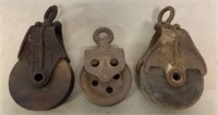 lot of 3 wooden,Metal pulleys,Myers,Bick Bros.