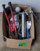 Box Lot of Assorted Tools Including Grease Gun,