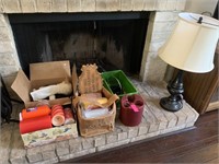 LOT OF MISC ON HEARTH CANDLES / LAMP ETC