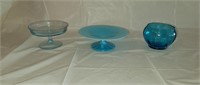 3 Pieces of Blue Art Glass